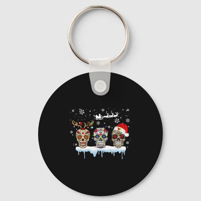 Christmas Three Mexican Flower Sugar Skull In Keychain (Front)