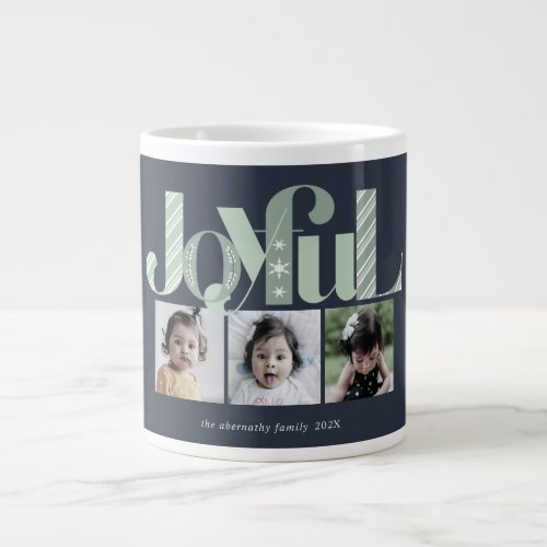 Christmas Three Photo Joyful Navy Mint Giant Coffee Mug