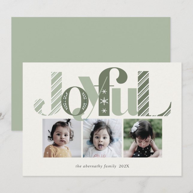 Christmas Three Photo Joyful Tea Green Holiday Card (Front/Back)