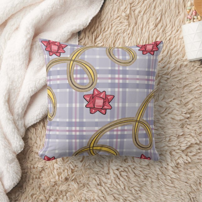 Christmas Throw Pillow, Blue Plaid Red Bow Throw Pillow (Blanket)