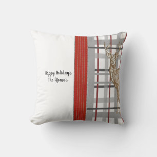 Christmas Throw Pillow, Deer Red Gray Plaid Throw Pillow