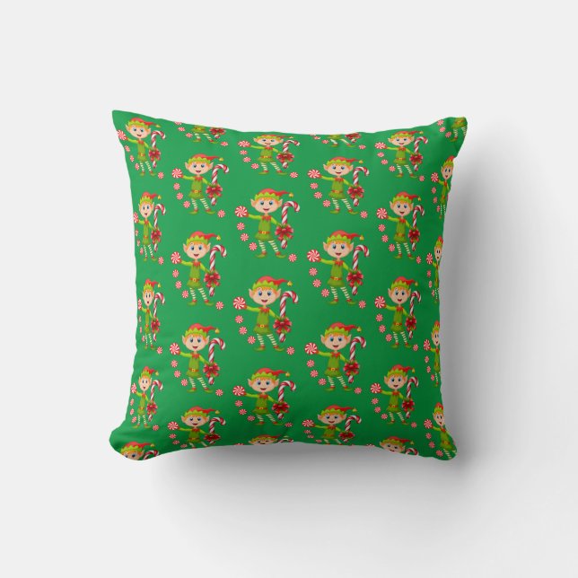 Christmas Throw Pillow, Elf Peppermint Blue Green Pillow (Front)
