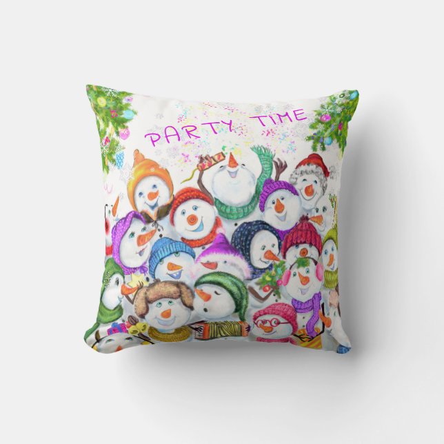 Christmas Throw Pillow Gift Happy Snowmans Party (Front)