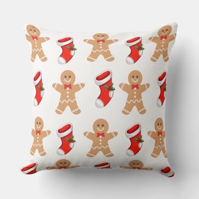 Christmas Throw Pillow – Gingerbread Man & Festive (Front)