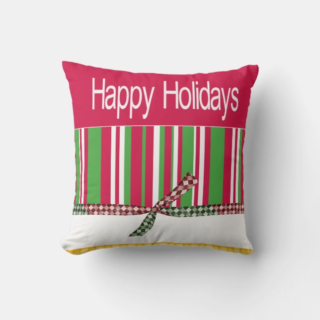 Christmas Throw Pillow, Happy Holidays Stripe  Throw Pillow (Front)