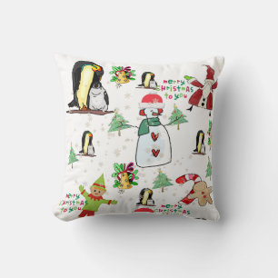 Christmas Throw Pillow, Penguin Santa Snowman Elf Pillow