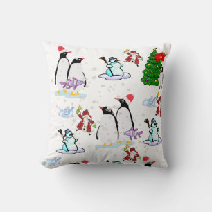 Christmas Throw Pillow, Penguin Santa Snowman Throw Pillow