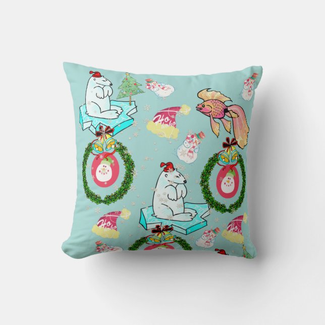 Christmas Throw Pillow, Polar Bear Fish Snowman Throw Pillow (Front)