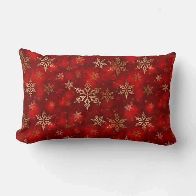 Christmas Throw Pillow-Red & Gold Snowflakes Lumbar Pillow (Front)