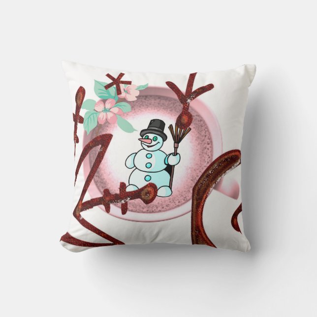 Christmas Throw Pillow, Snowman Floral  Throw Pillow (Front)
