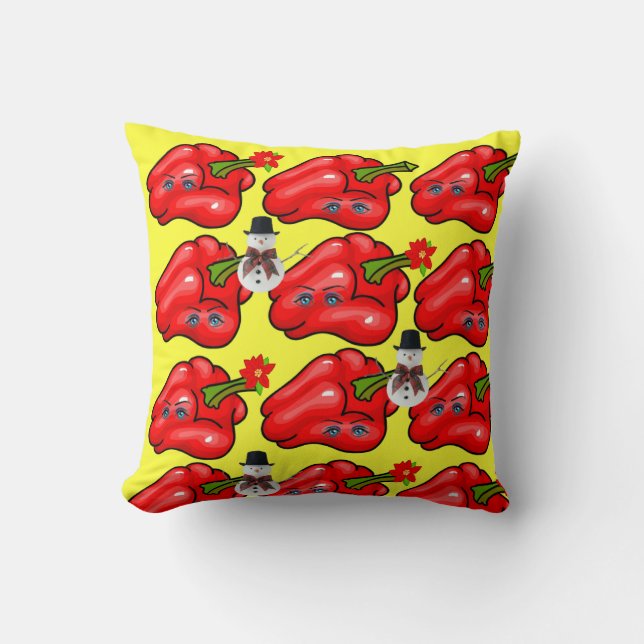Christmas Throw Pillow, Snowman Red Peppers  Throw Pillow (Front)