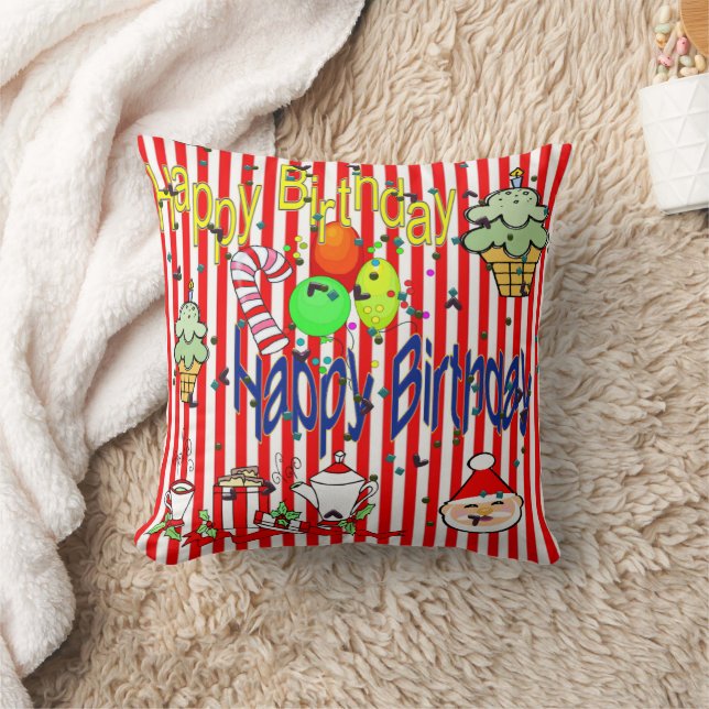 Christmas Throw Pillow, Stripe Happy Birthday Throw Pillow (Blanket)