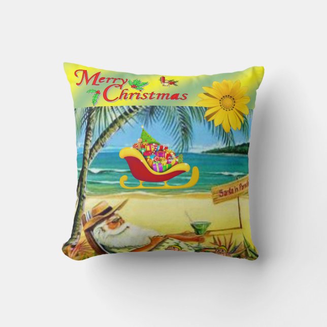 Christmas Throw Pillow, Summer Beach Bum Santa Throw Pillow (Front)