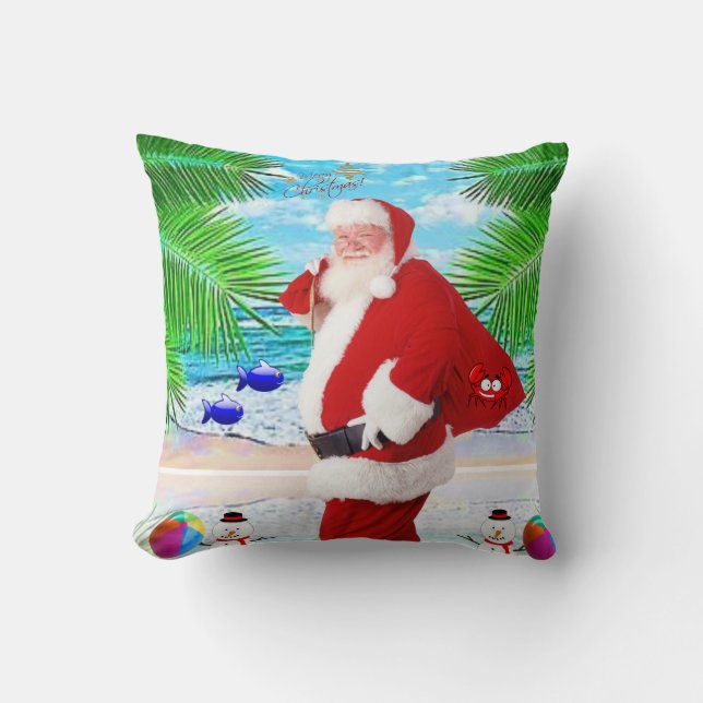 Christmas Throw Pillow, Summer Beach Bum Santa Throw Pillow (Front)