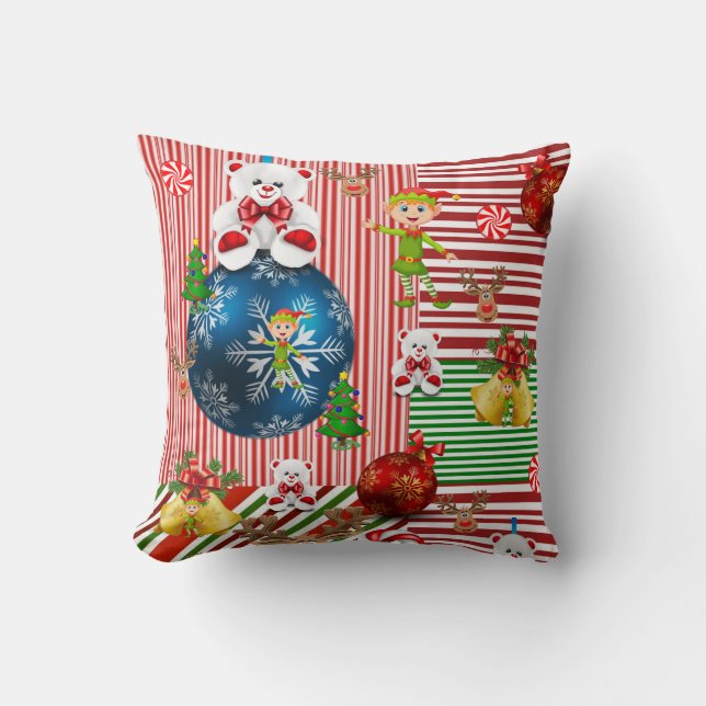 Christmas Throw Pillow, Teddy Bear Stripe Throw Pillow (Front)