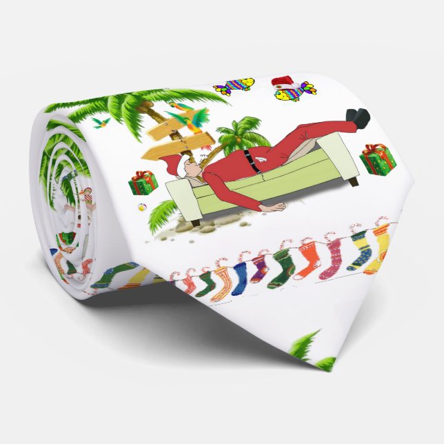 Christmas Tie, Summer Beach Santa Neck Tie (Rolled)