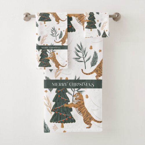 Christmas Tiger and a Tree Pattern Bath Towel Set