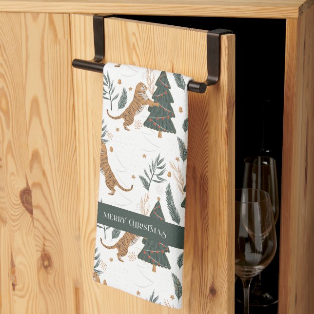 Christmas Tiger and a Tree Pattern Kitchen Towel (Thirds Fold)