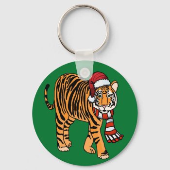 Christmas Tiger Cat Keychain by PugWiggles at Zazzle