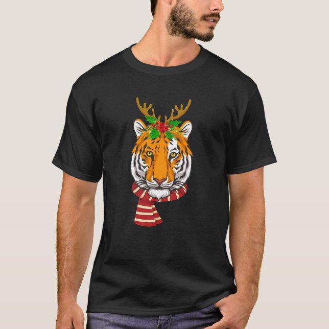 Christmas Tiger Cat Santa Clause Reindeer Xmas Tig T-Shirt (Front)
