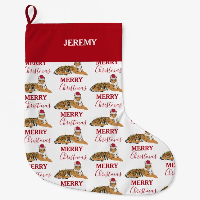 Christmas Tiger Funny Animal with Santa Hat  Large Christmas Stocking (Front)