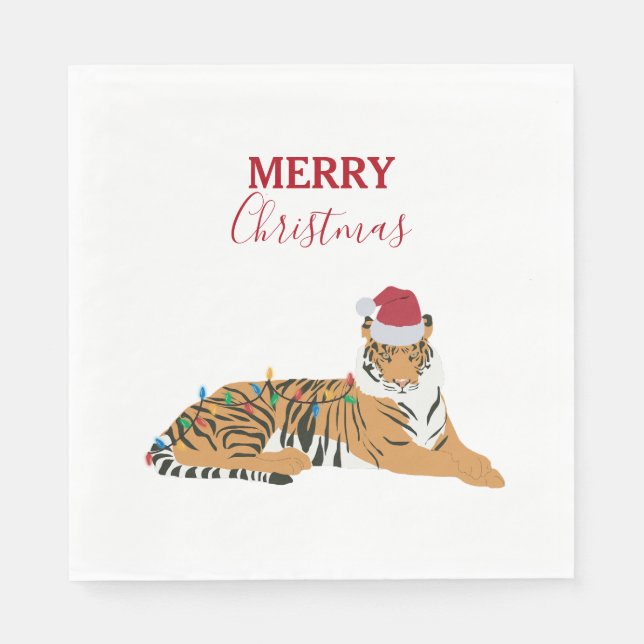 Christmas Tiger Funny Animal with Santa Hat  Napkins (Front)