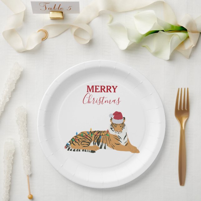 Christmas Tiger Funny Animal with Santa Hat  Paper Plates (Wedding)