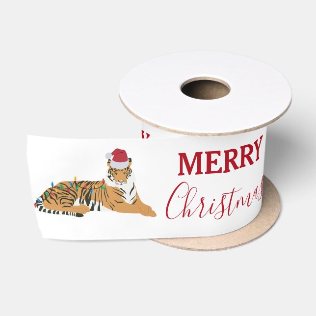 Christmas Tiger Funny Animal with Santa Hat  Satin Ribbon (Spool)