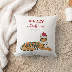 Christmas Tiger Funny Animal with Santa Hat  Throw Pillow