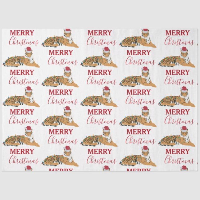 Christmas Tiger Funny Animal with Santa Hat  Tissue Paper (Front)