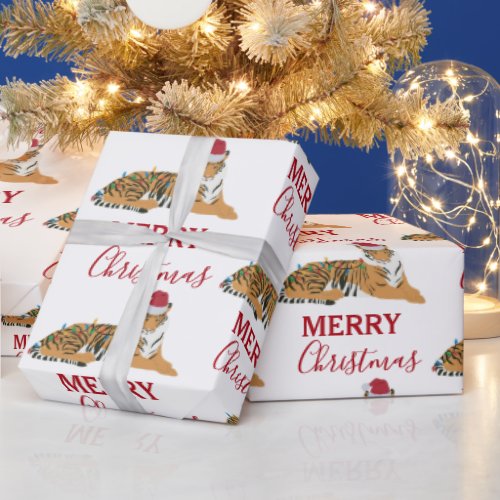 Christmas Tiger Funny Animal with Santa Hat  Wrapping Paper