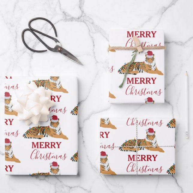 Christmas Tiger Funny Animal with Santa Hat  Wrapping Paper Sheets (Front)