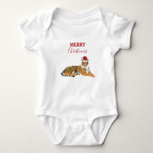 Christmas Tiger Funny Animals with Santa Hat Baby Bodysuit