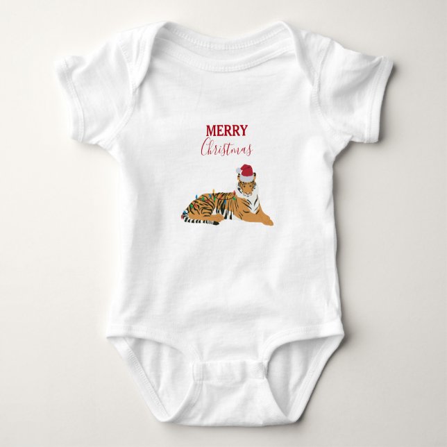Christmas Tiger Funny Animals with Santa Hat  Baby Bodysuit (Front)