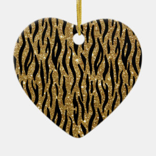Christmas Tiger Glitter Print Heart Shape Ceramic Ornament