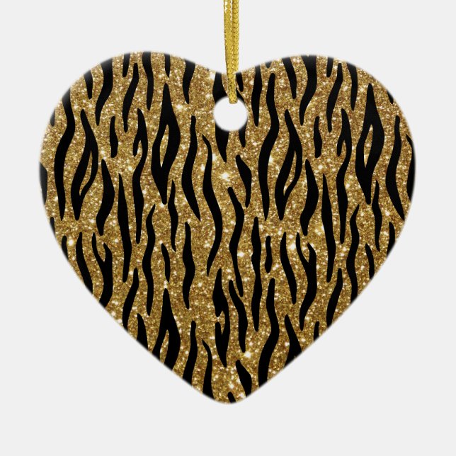 Christmas Tiger Glitter Print Heart Shape Ceramic Ornament (Front)