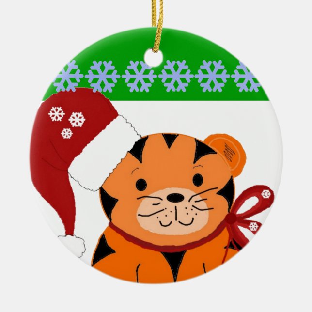 Christmas Tiger Holiday Kids Ceramic Ornament (Front)