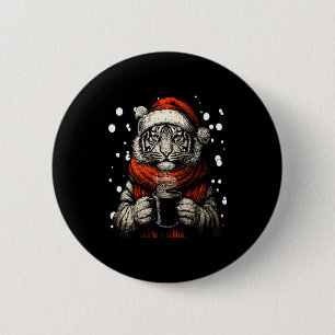 Christmas Tiger With Santa Hat Coffee Lover Funny Button