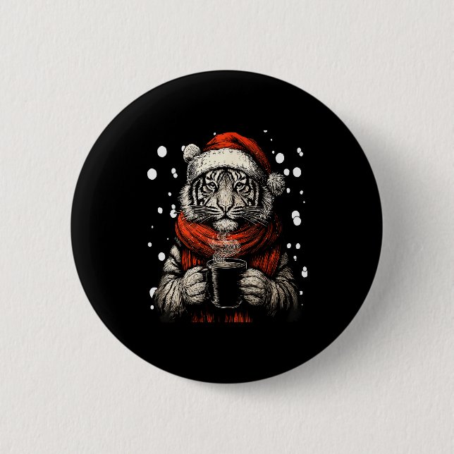 Christmas Tiger With Santa Hat Coffee Lover Funny  Button (Front)