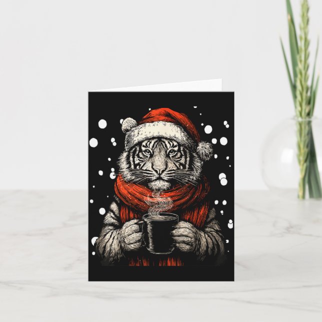Christmas Tiger With Santa Hat Coffee Lover Funny  Card (Front)