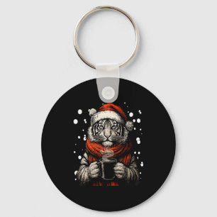 Christmas Tiger With Santa Hat Coffee Lover Funny Keychain