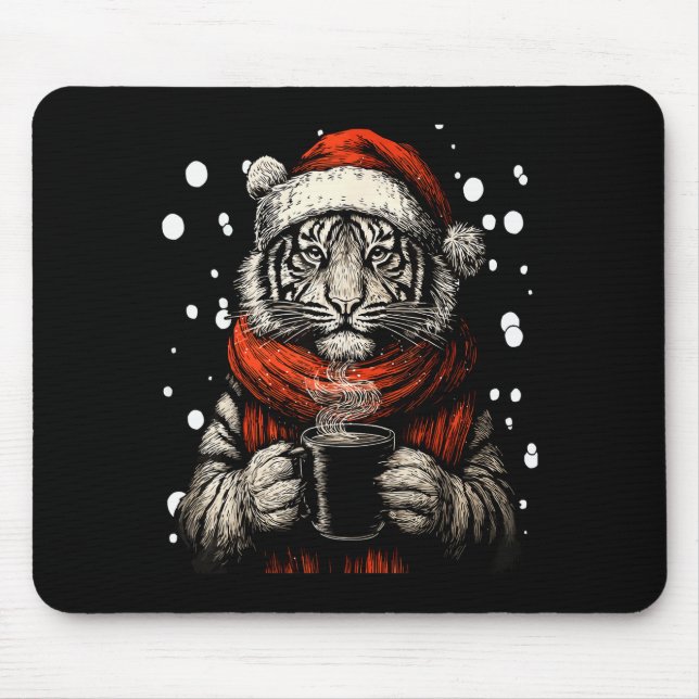 Christmas Tiger With Santa Hat Coffee Lover Funny  Mouse Pad (Front)