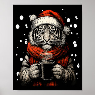 Christmas Tiger With Santa Hat Coffee Lover Funny Poster