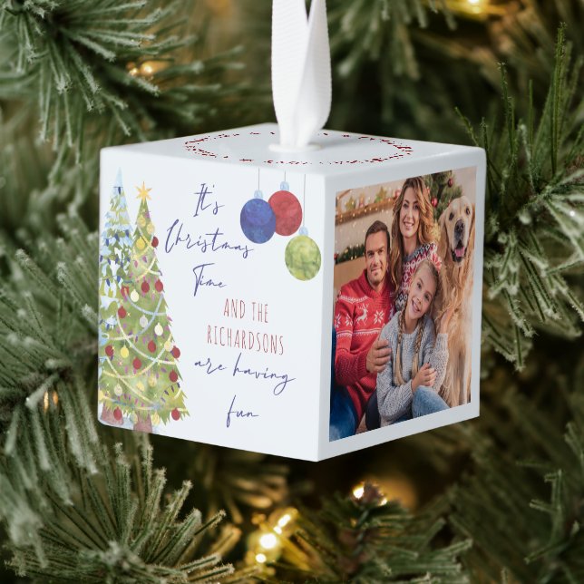 Christmas Time 3 Family Photos and Names Cute Cube Ornament (Tree)