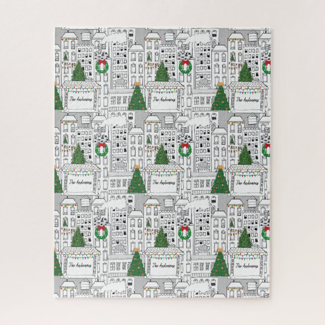 Christmas Time in the City Personalized Hand-Drawn Jigsaw Puzzle (Vertical)