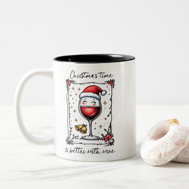 Christmas Time Is Better with Wine  Two-Tone Coffee Mug (With Donut)