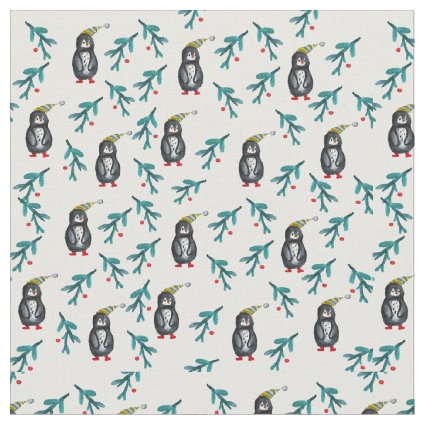 Christmas Time Penguins Watercolor Fabric
