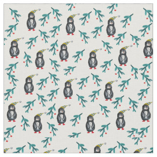 Christmas Time Penguins Watercolor  Fabric