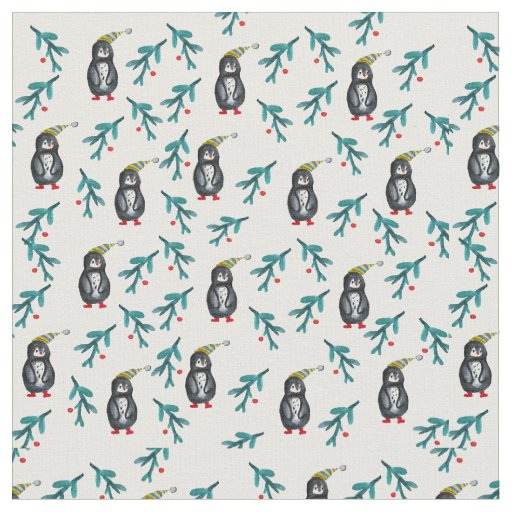 Christmas Time Penguins Watercolor  Fabric
