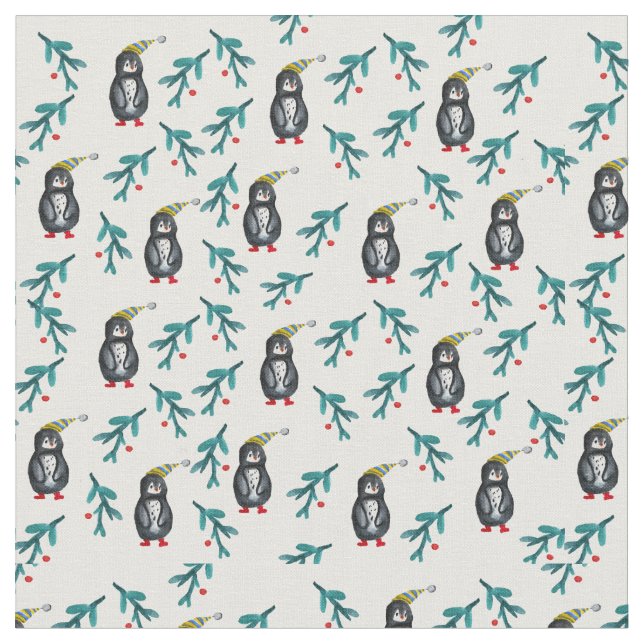 Christmas Time Penguins Watercolor  Fabric (Close Up)